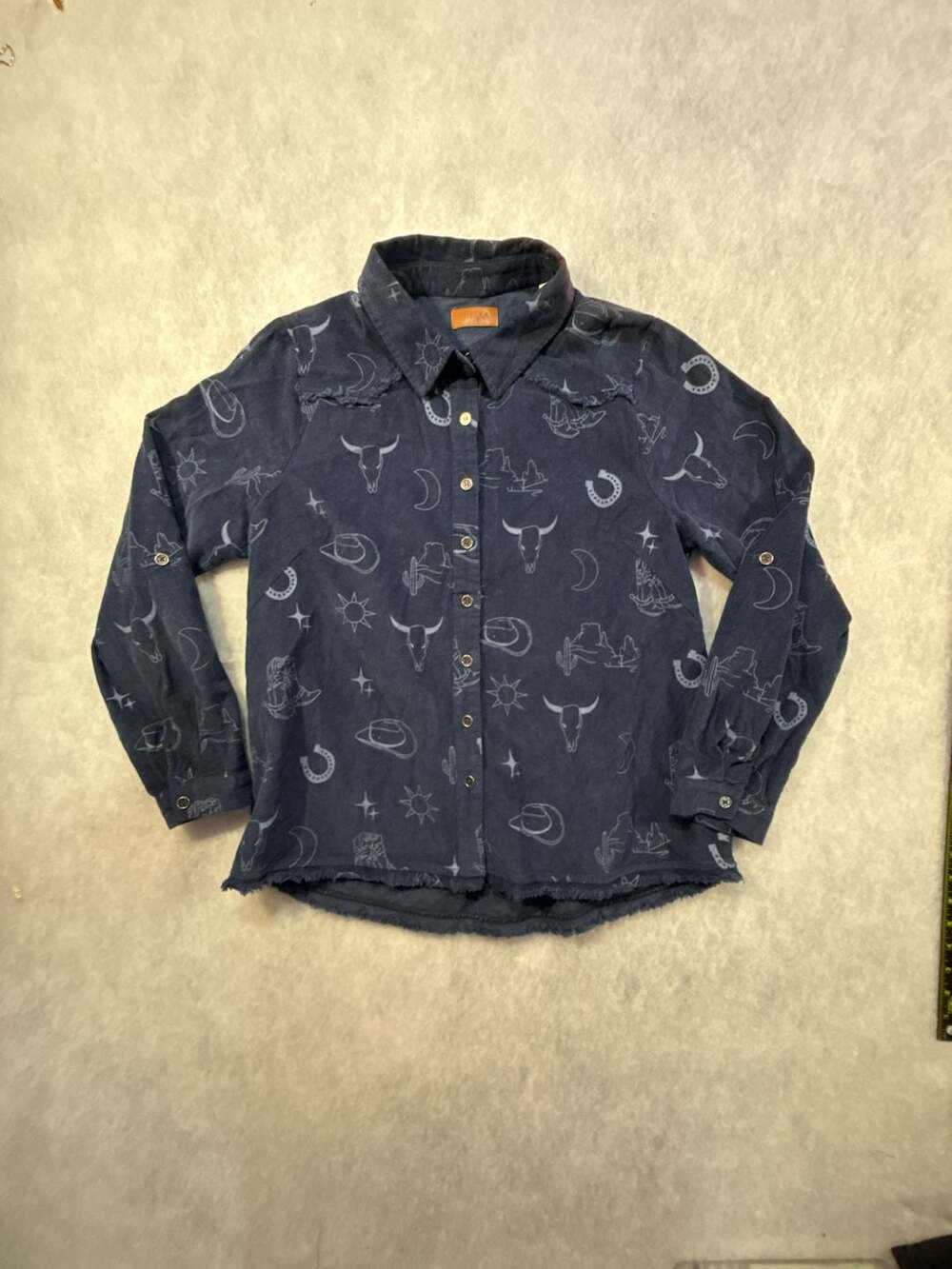 Umgee Corduroy Western Print Shirt Size M Blue Sun Skull Cactus